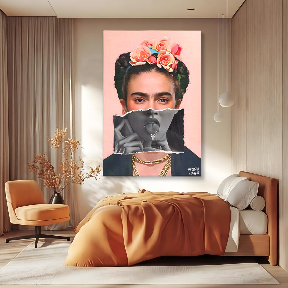 Tablou canvas cu tablou canvas cu portret collage, fara rama, pe sasiu de lemn, pe perete intr-un dormitor